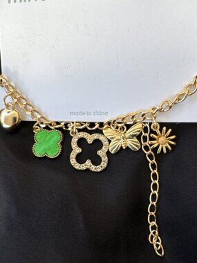 MINT Green CZ Clover Butterfly Heart Flower Goldtone Dangle Charm Bracelet NEW